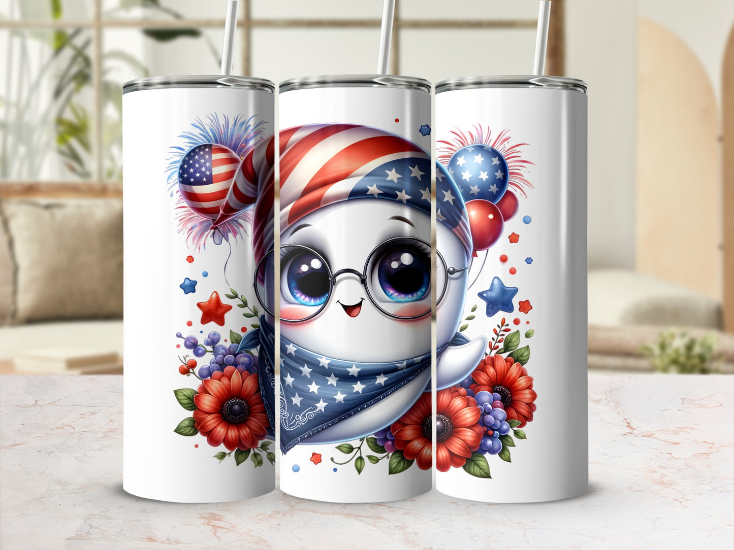 Cute ghost with American flag bandana and patriotic flowers on a tumbler.