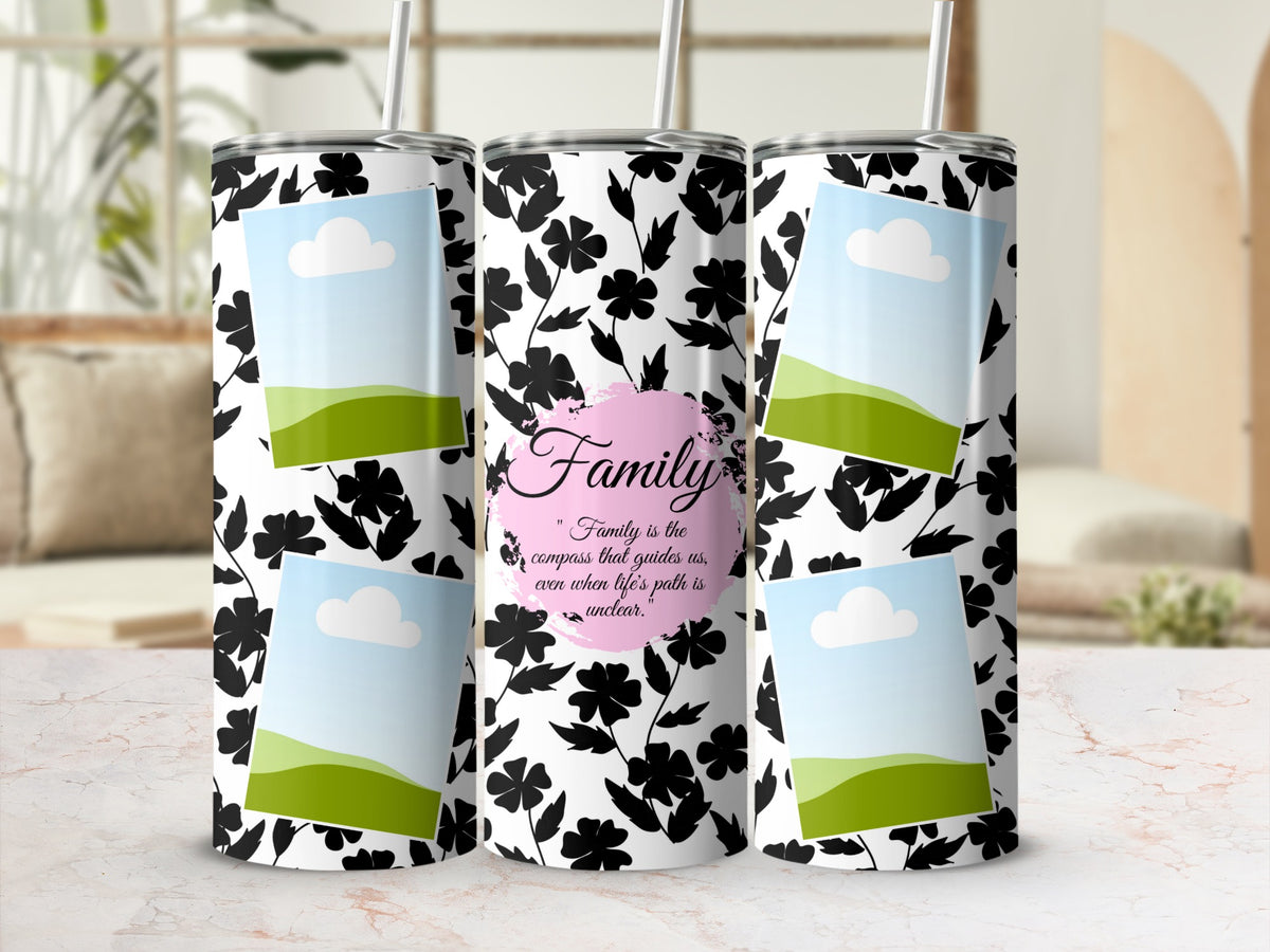 Tumbler with floral pattern, photo placeholders, and "Family" quote.