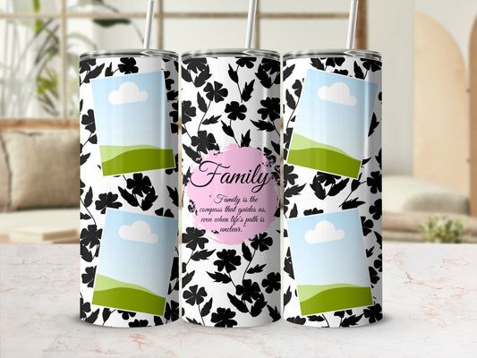 Tumbler with floral pattern, photo placeholders, and "Family" quote.
