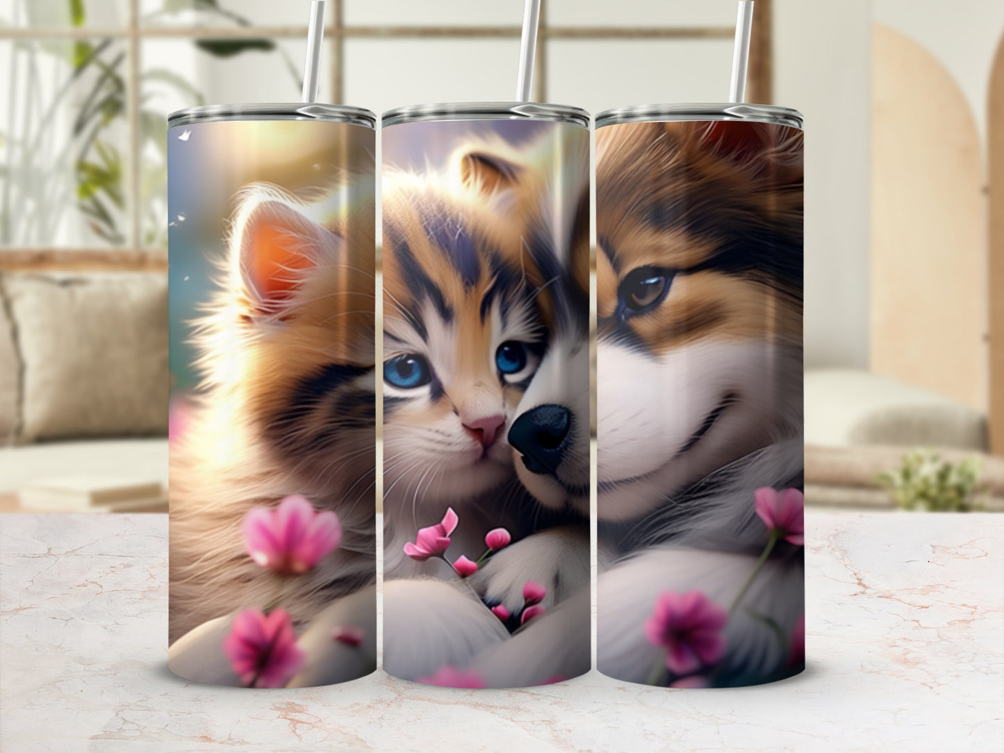 Three tumblers with cute cat and dog art and pink flowers.