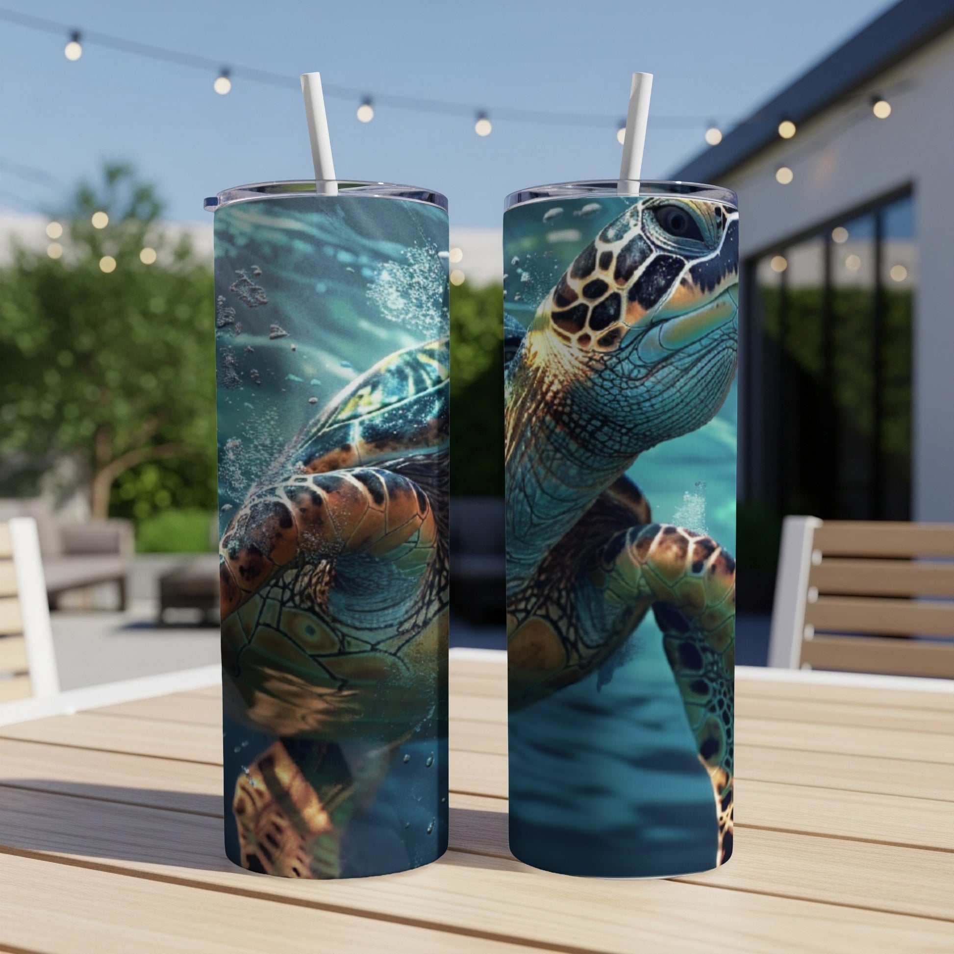 Two tumblers with a sea turtle swimming underwater.