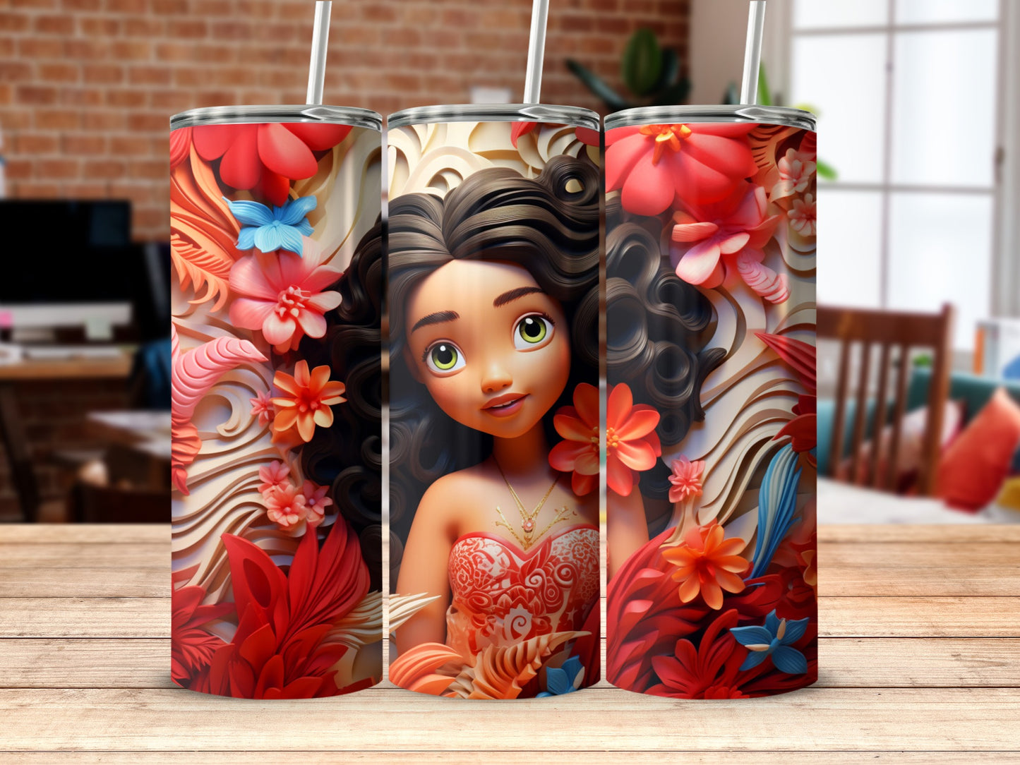 Colorful Floral Woman Tumbler with Straw Beverage Holder