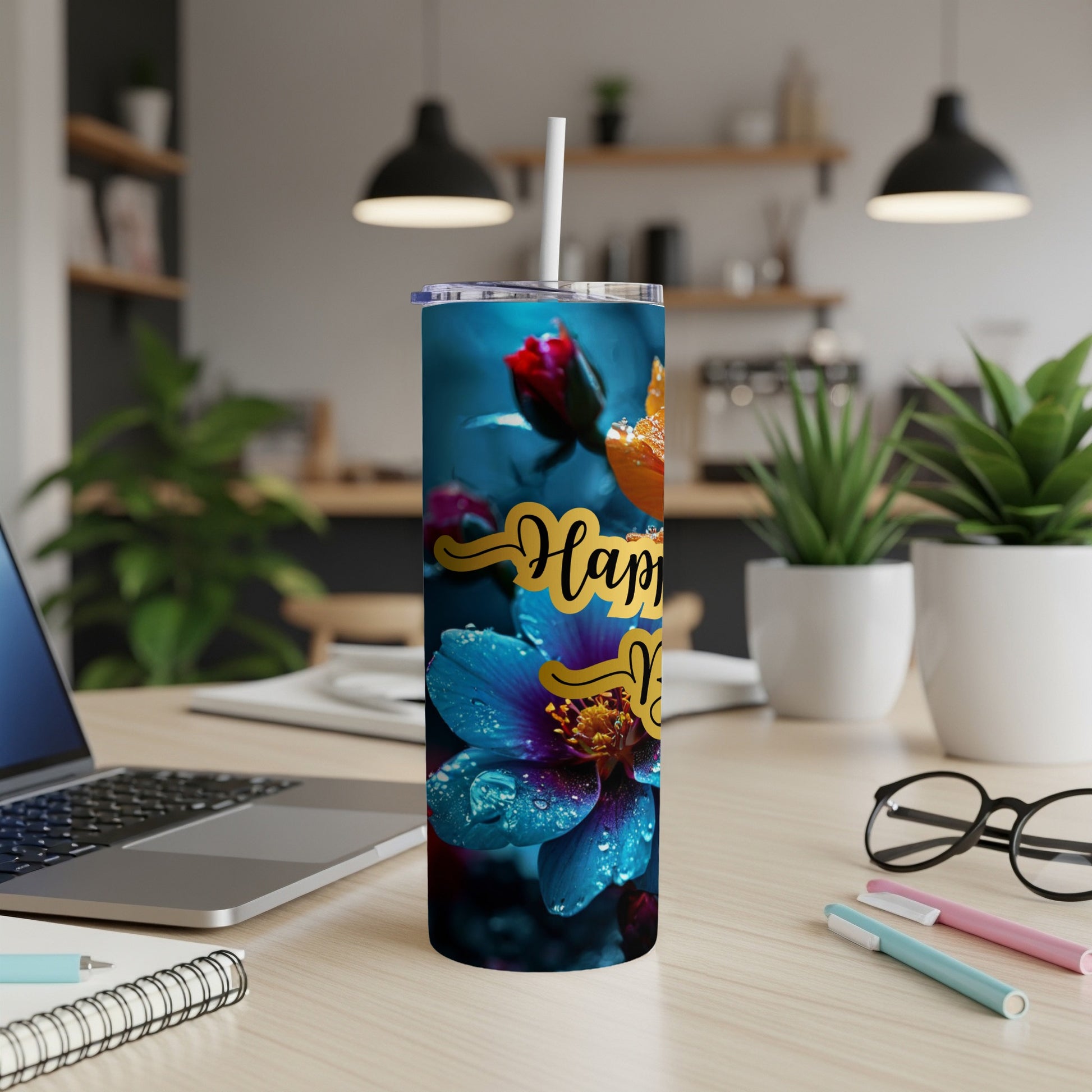 Tall tumbler with blue and orange flowers and "Happy Mother's Day" text.