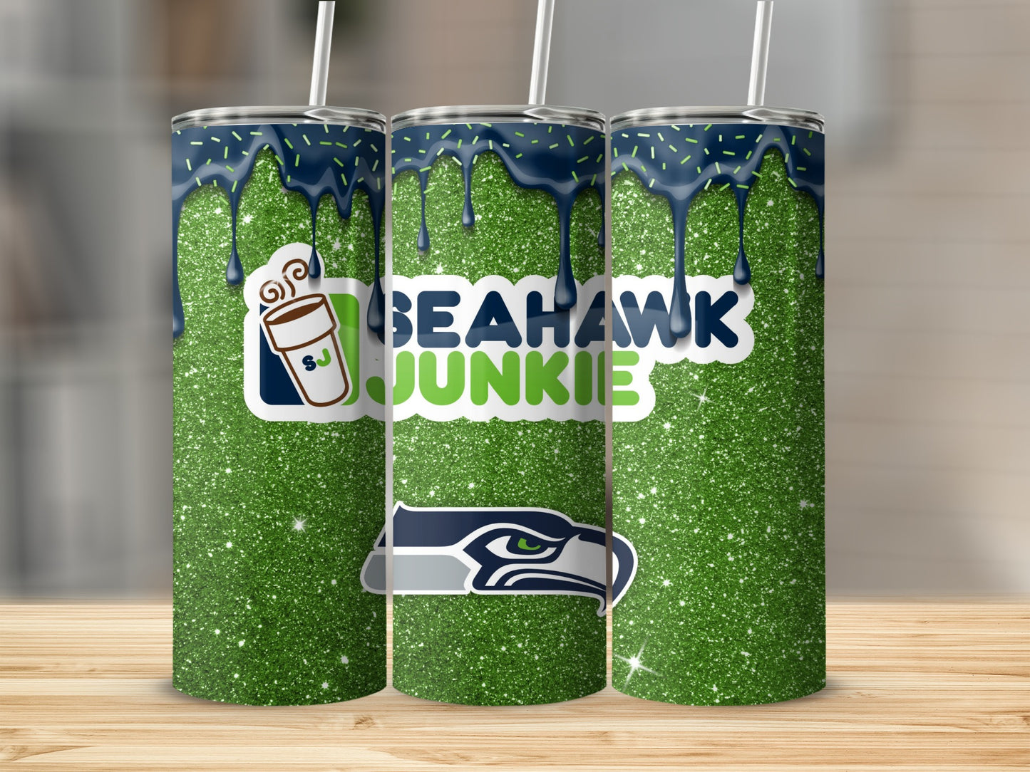 Seahawk Junkie Green Glitter Tumbler with Straw