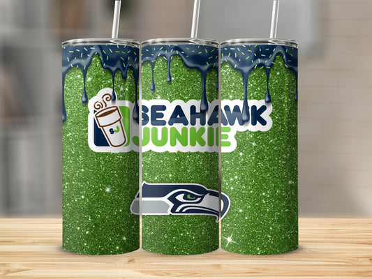 Seahawk Junkie Green Glitter Tumbler with Straw