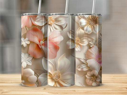 Three tumblers with a pale pink and cream floral embossed design.