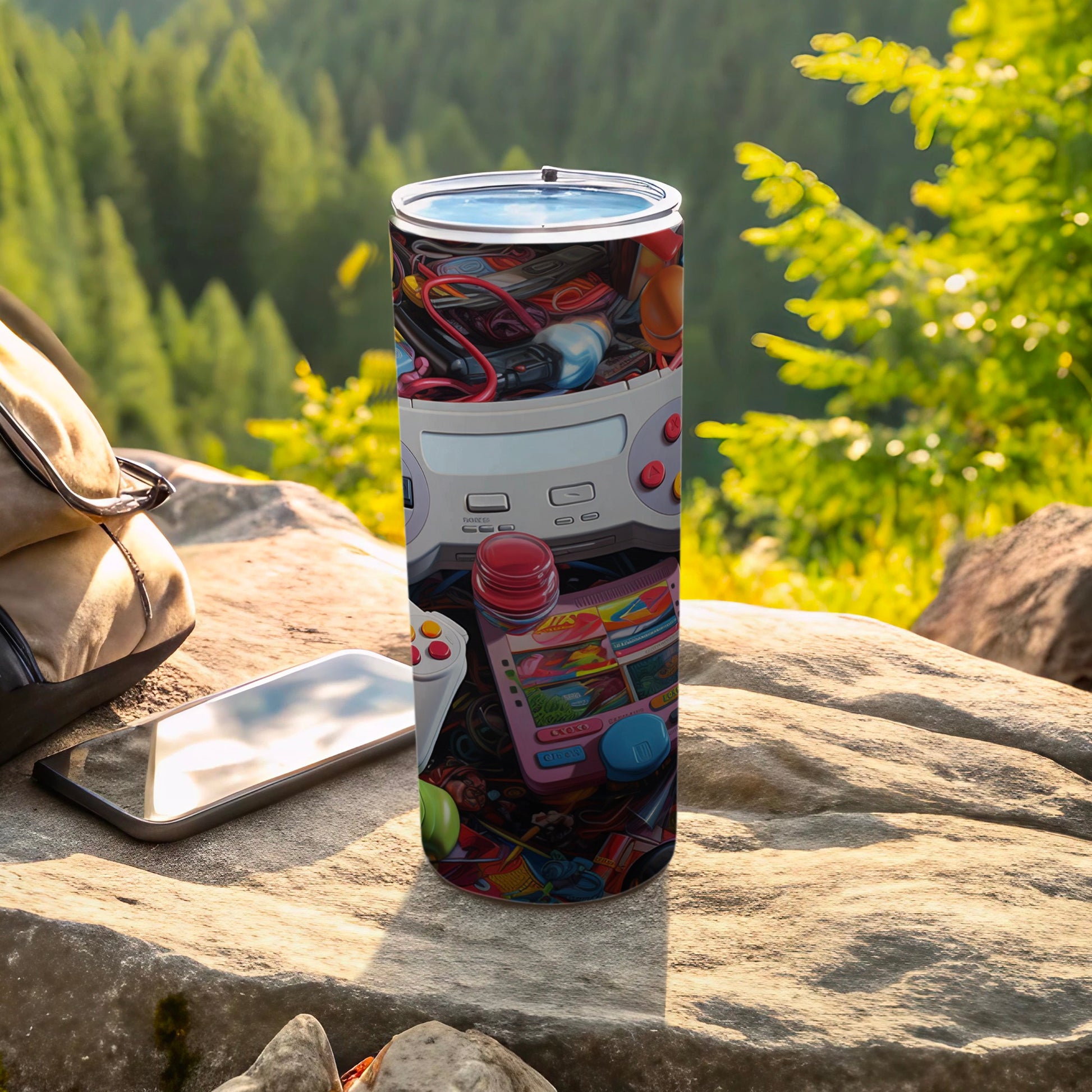 Tervis tumbler with retro video game controllers, cartridges, and accessories.