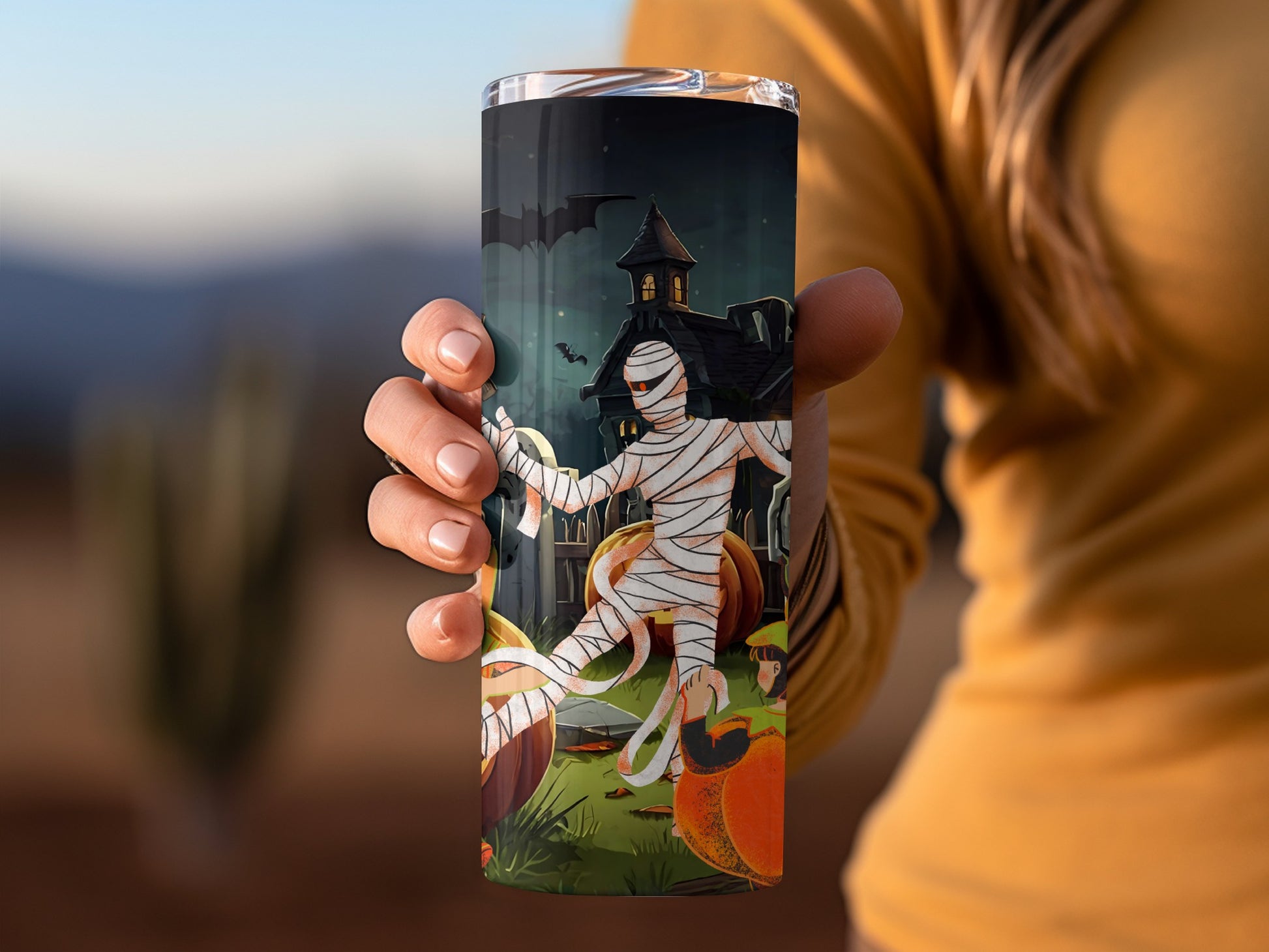 Spooky Halloween Mummy With Haunted House Tumbler