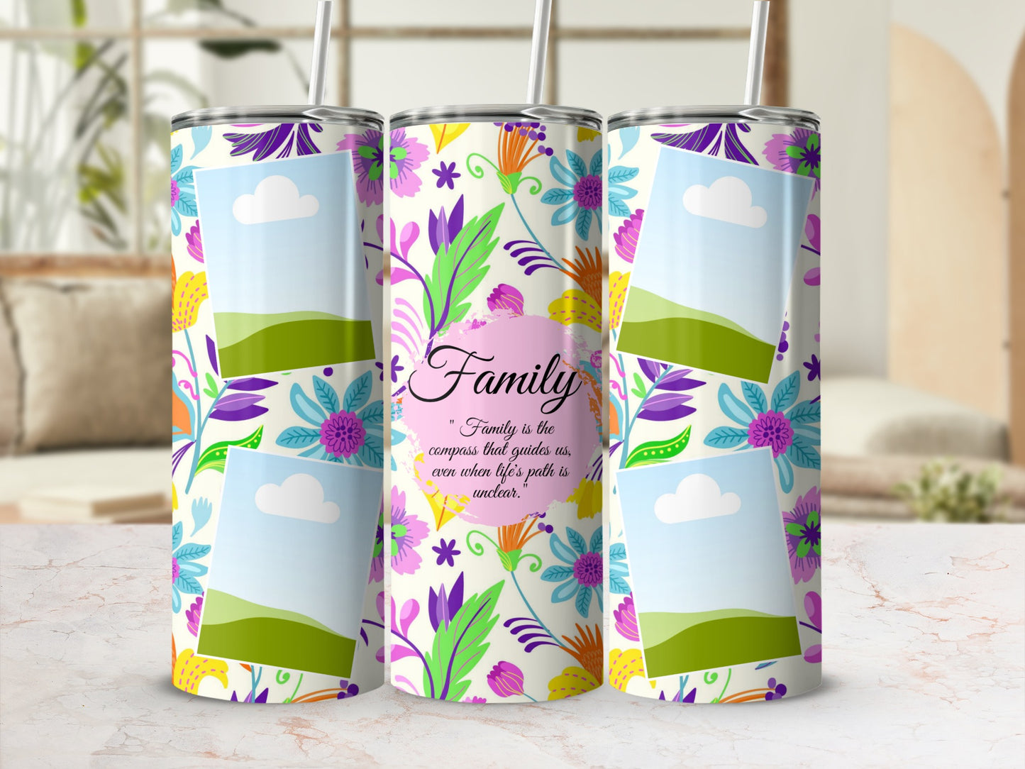 Three tumblers with a floral design and photo placeholders, one with "Family" quote.