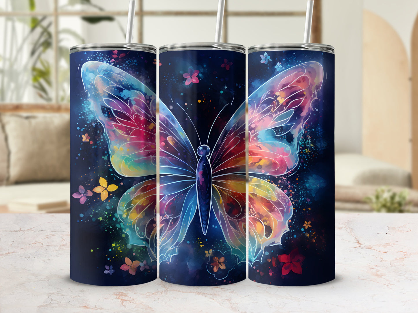Colorful watercolor butterfly design on a navy blue tumbler with straw.