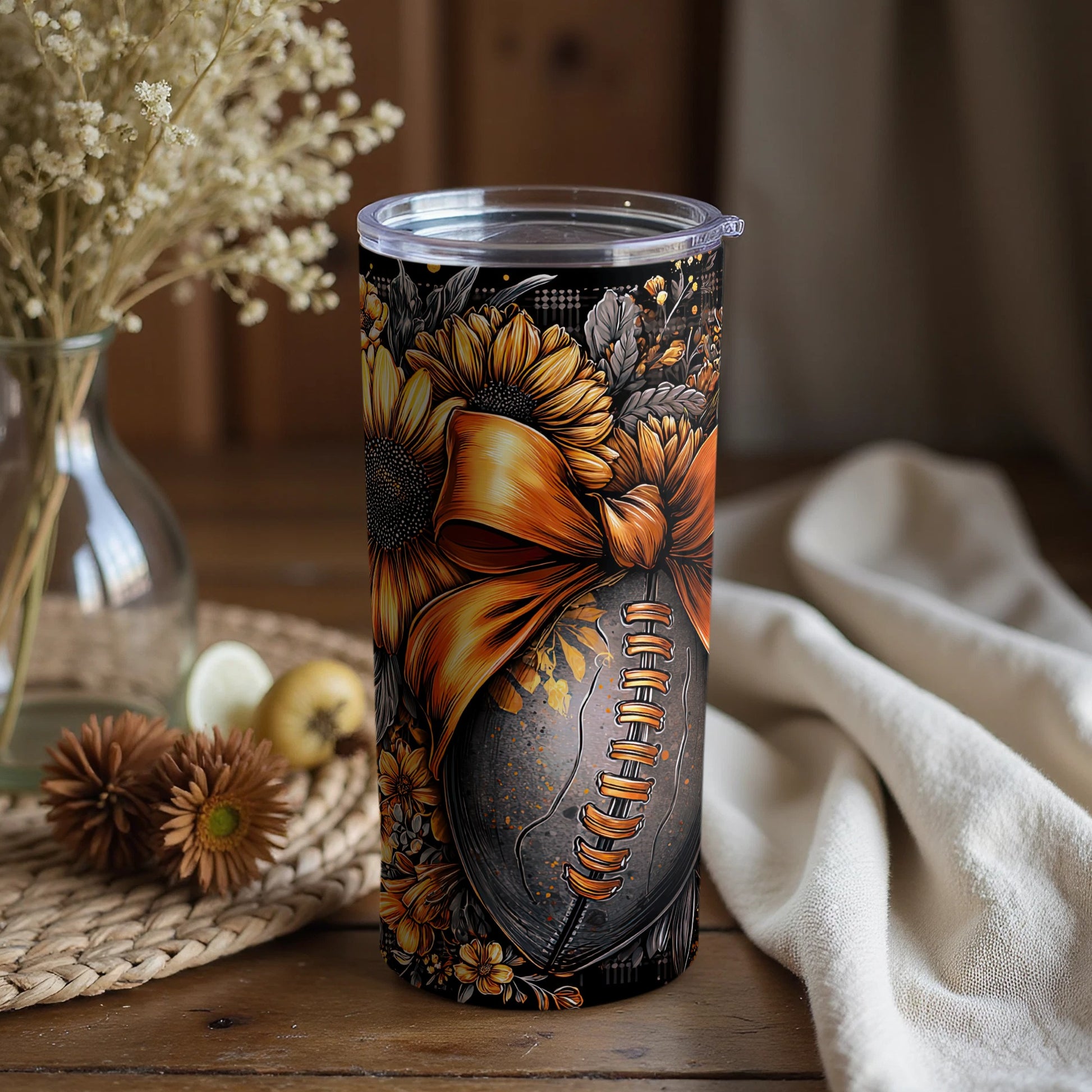 Floral Football Design Tumbler with Detailed Artwork