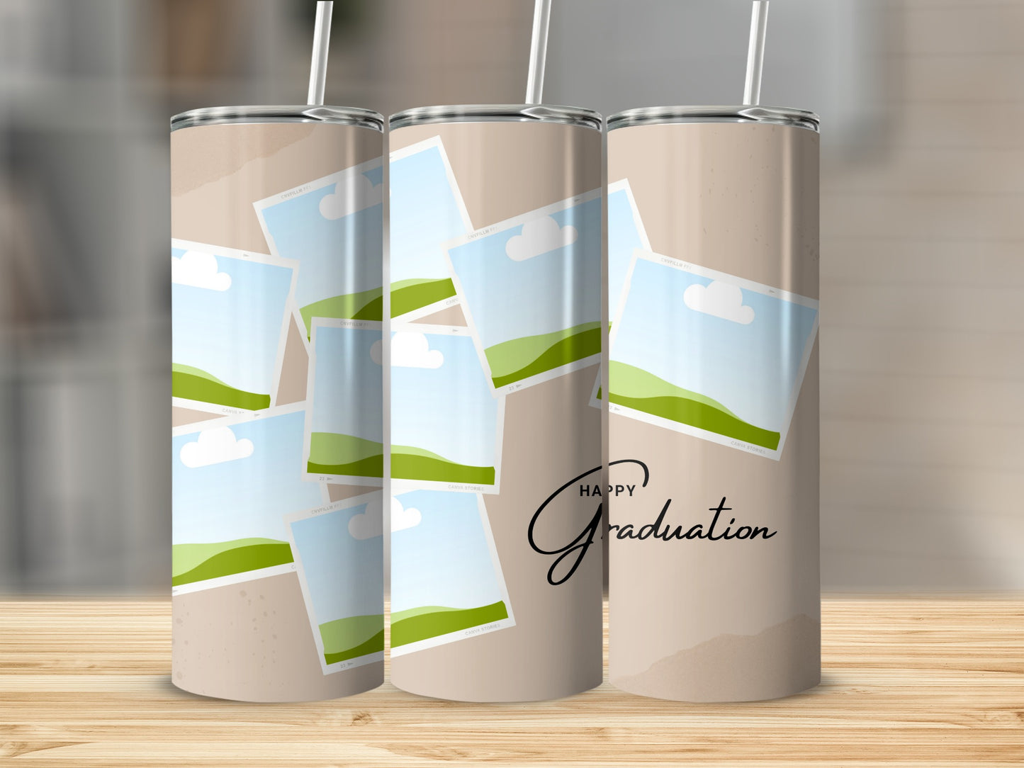 Three tumblers with a "Happy Graduation" design featuring scattered photo placeholders.