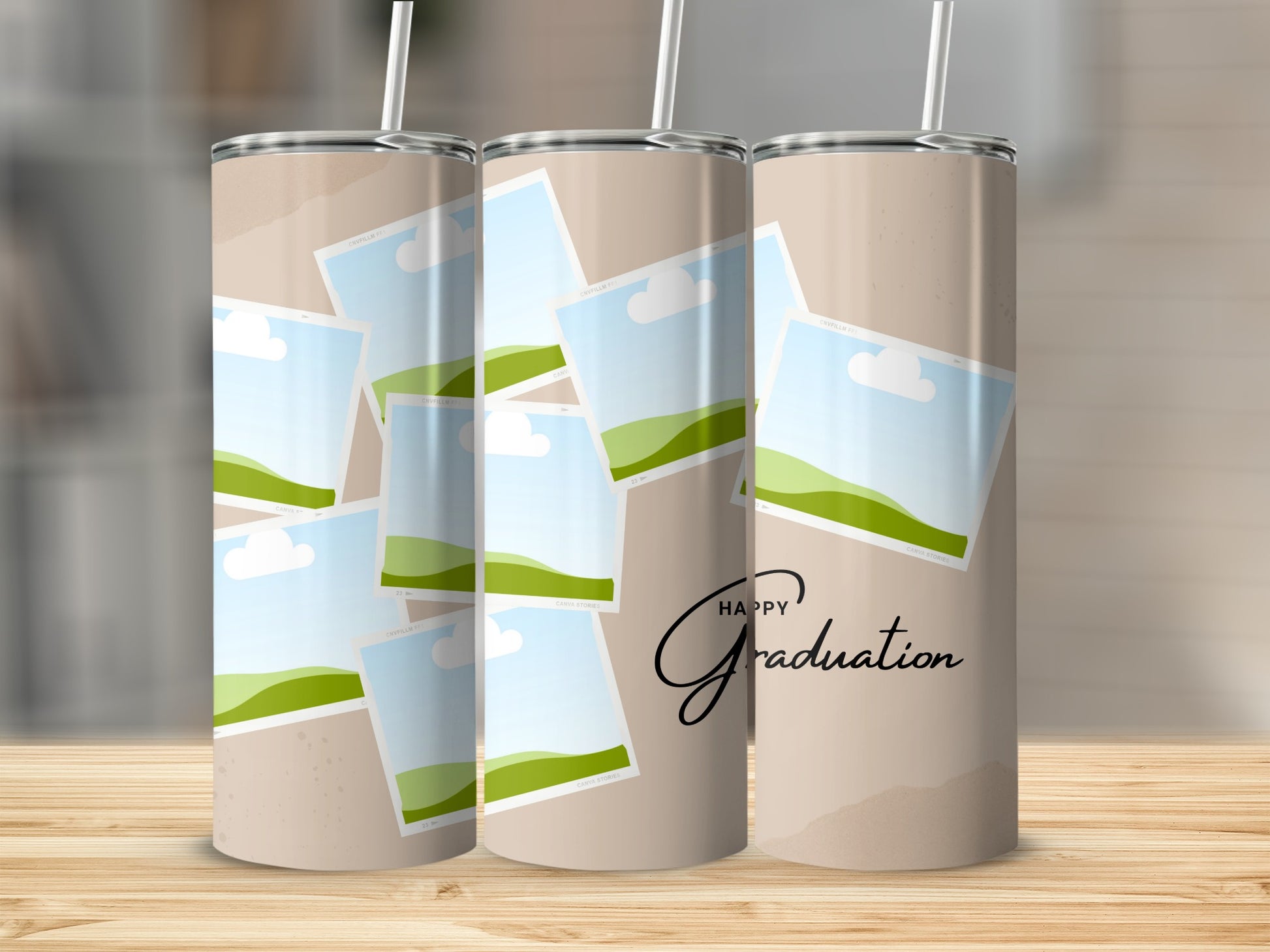 Three tumblers with a "Happy Graduation" design featuring scattered photo placeholders.