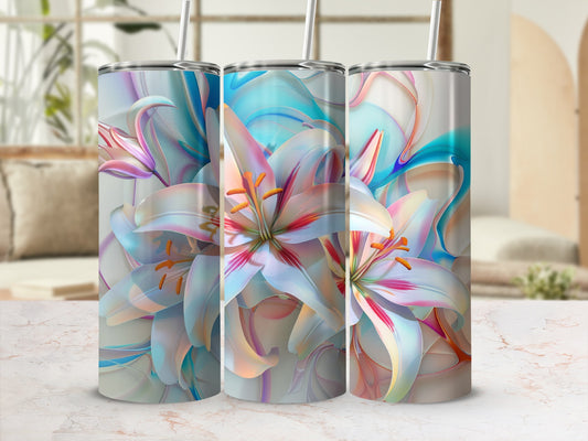 Three tumblers with a floral design of lilies and abstract watercolor elements.