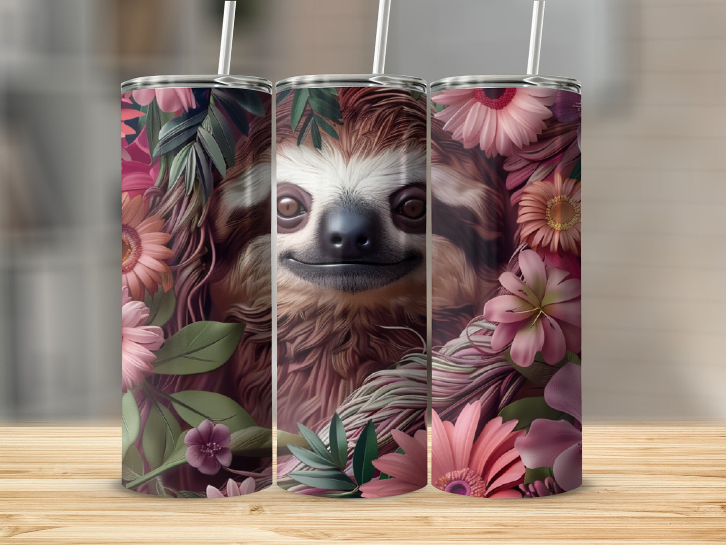 Sloth peeking through floral arrangement with pink and purple flowers.