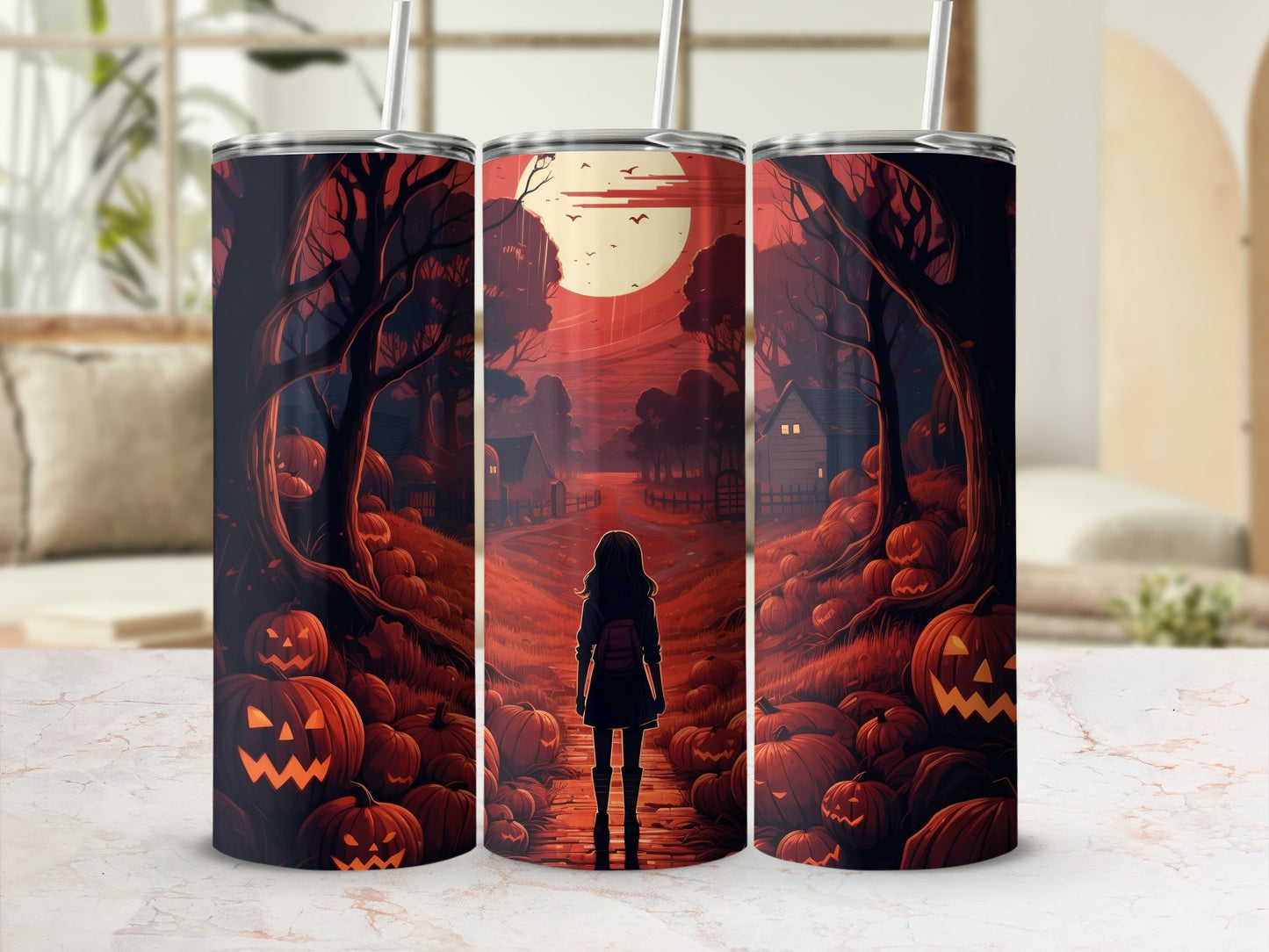 Halloween scene with carved pumpkins, a girl, and a large moon.