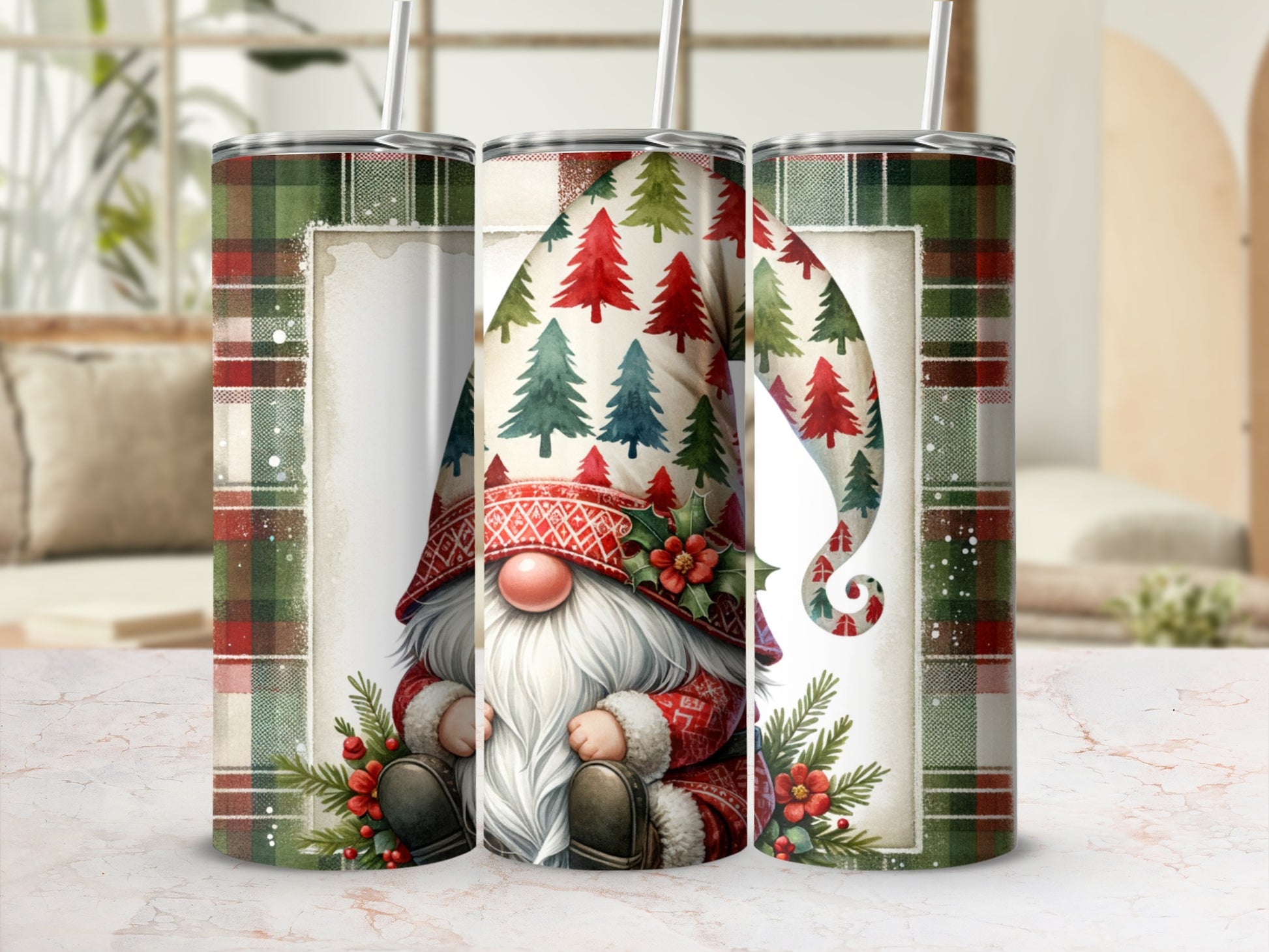Gnome in plaid and Christmas trees with holly on a tumbler.