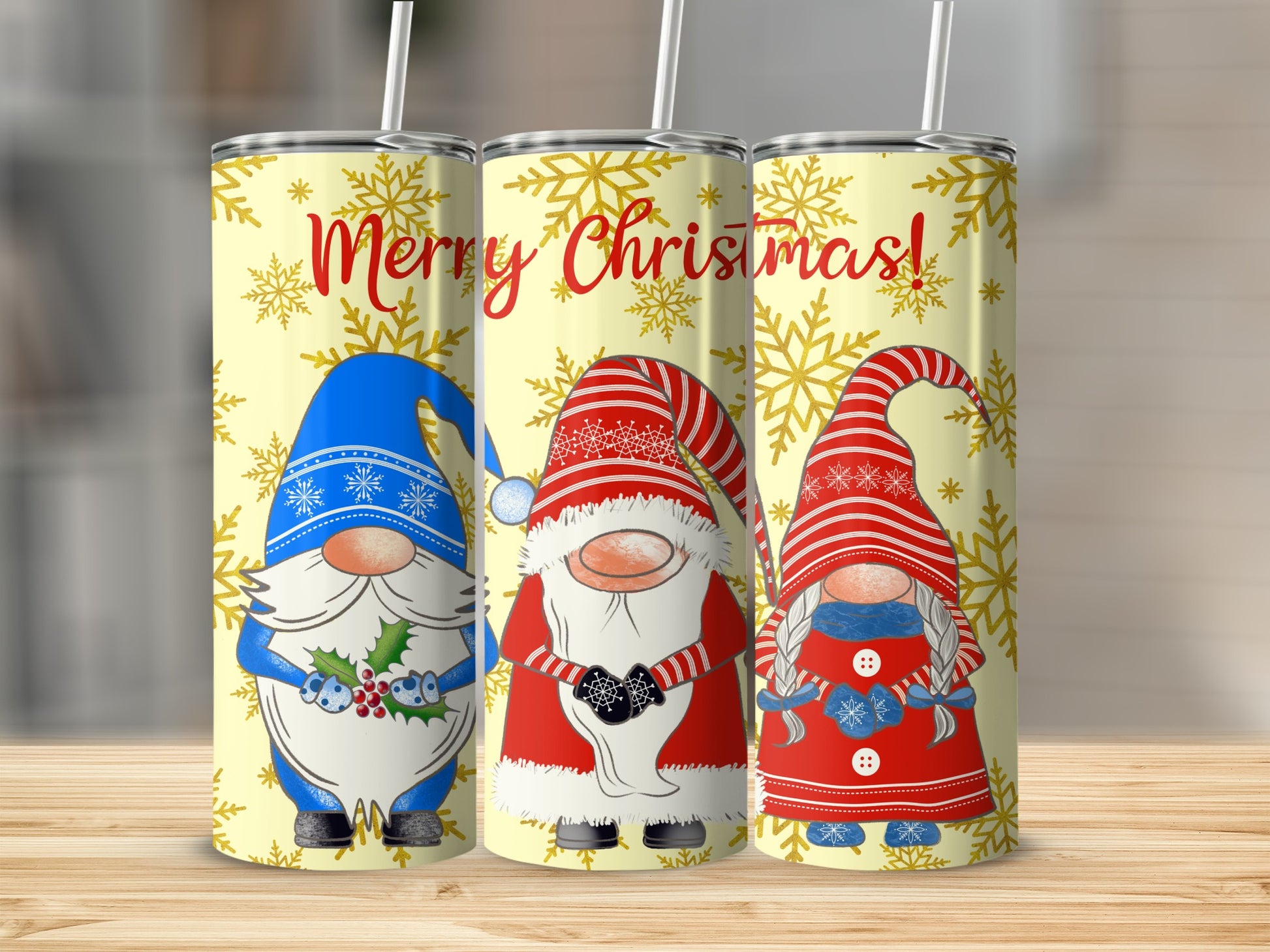 Three Christmas gnomes with snowflakes and "Merry Christmas!" text.