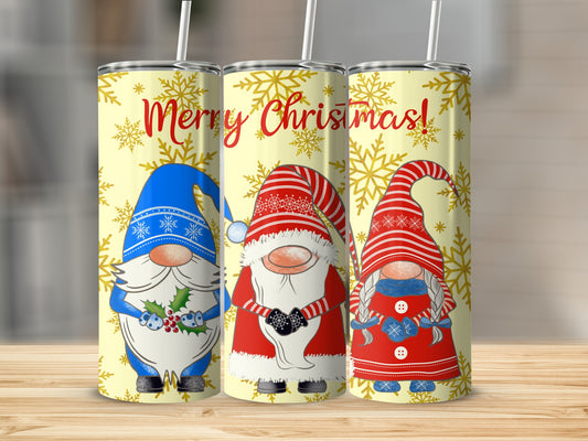 Three Christmas gnomes with snowflakes and "Merry Christmas!" text.