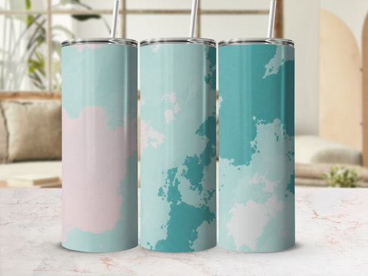 Three watercolor abstract design tumblers with pastel pink and teal colors.