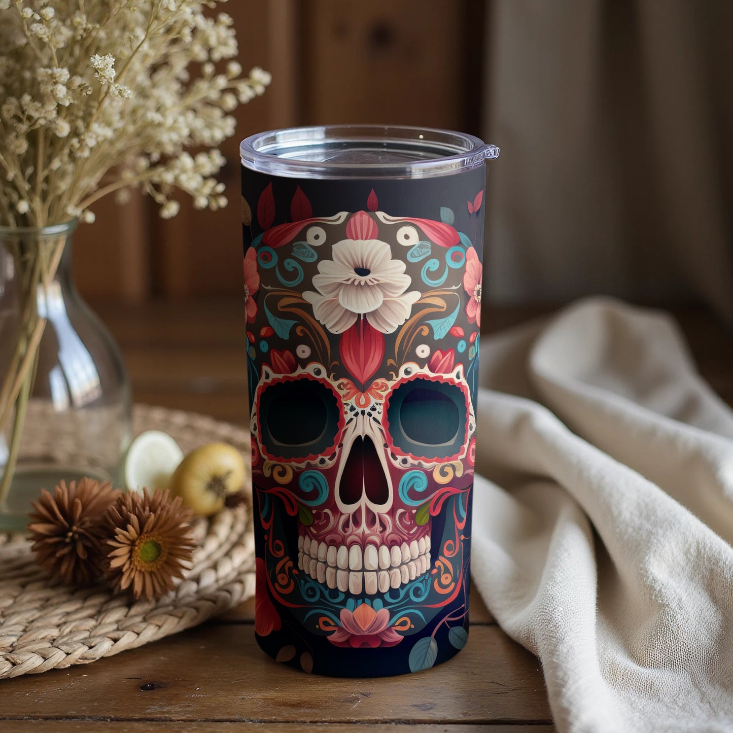 Colorful Floral Sugar Skull Design Tumbler