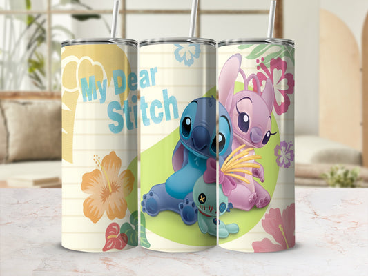 Three tumblers featuring Stitch and Angel with floral designs.