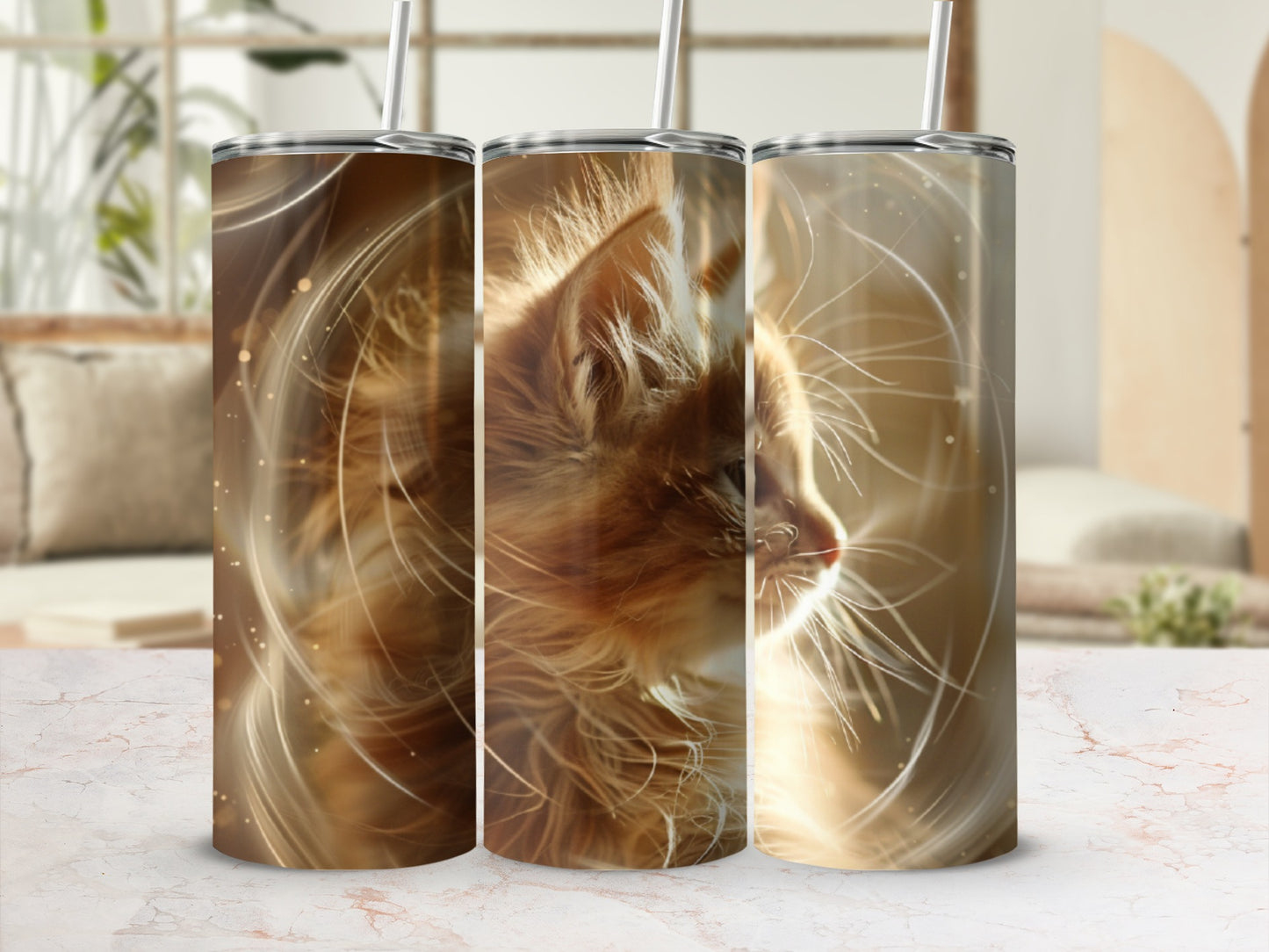 Triptych of a ginger cat's face with golden light streaks.