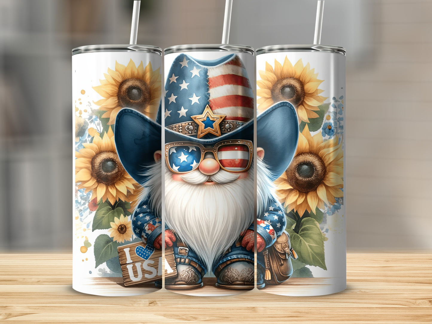 Gnome in patriotic cowboy hat and sunglasses holds "I ❤️ USA" sign.