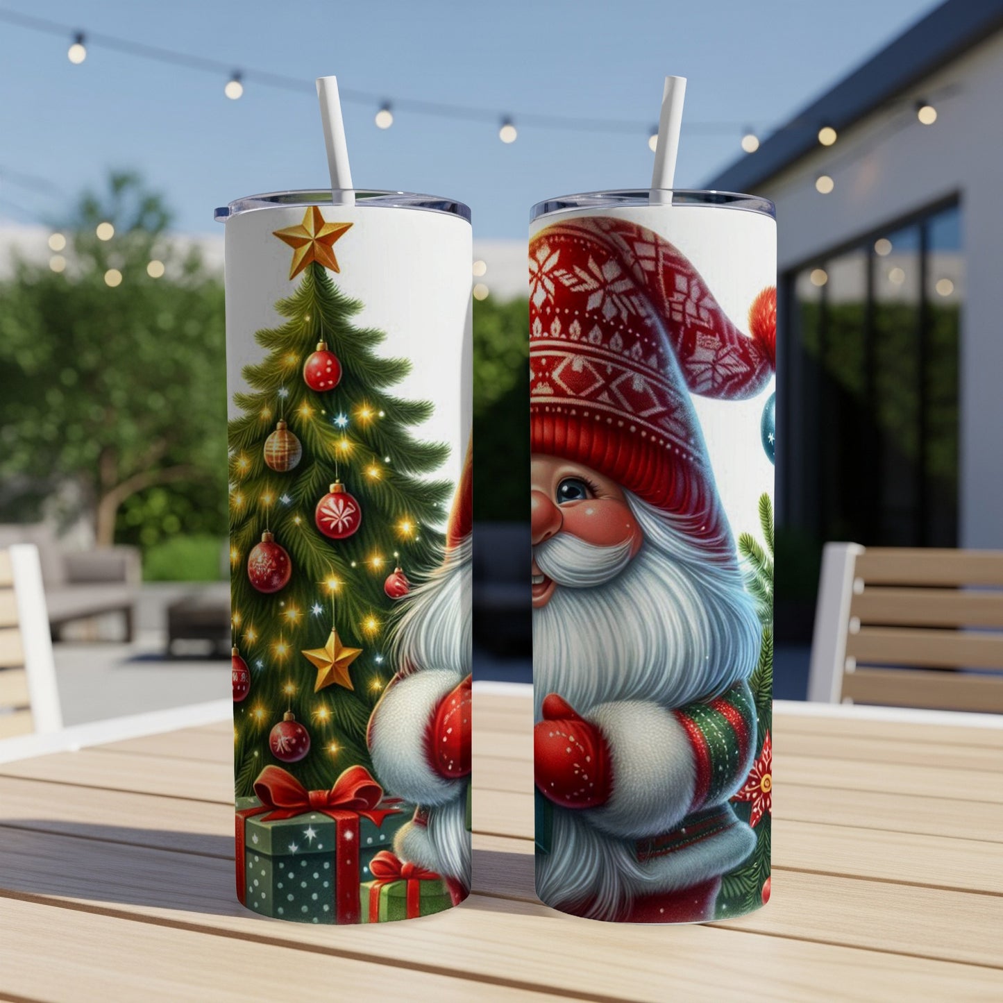 Santa Claus and Christmas tree design on two white tumblers.