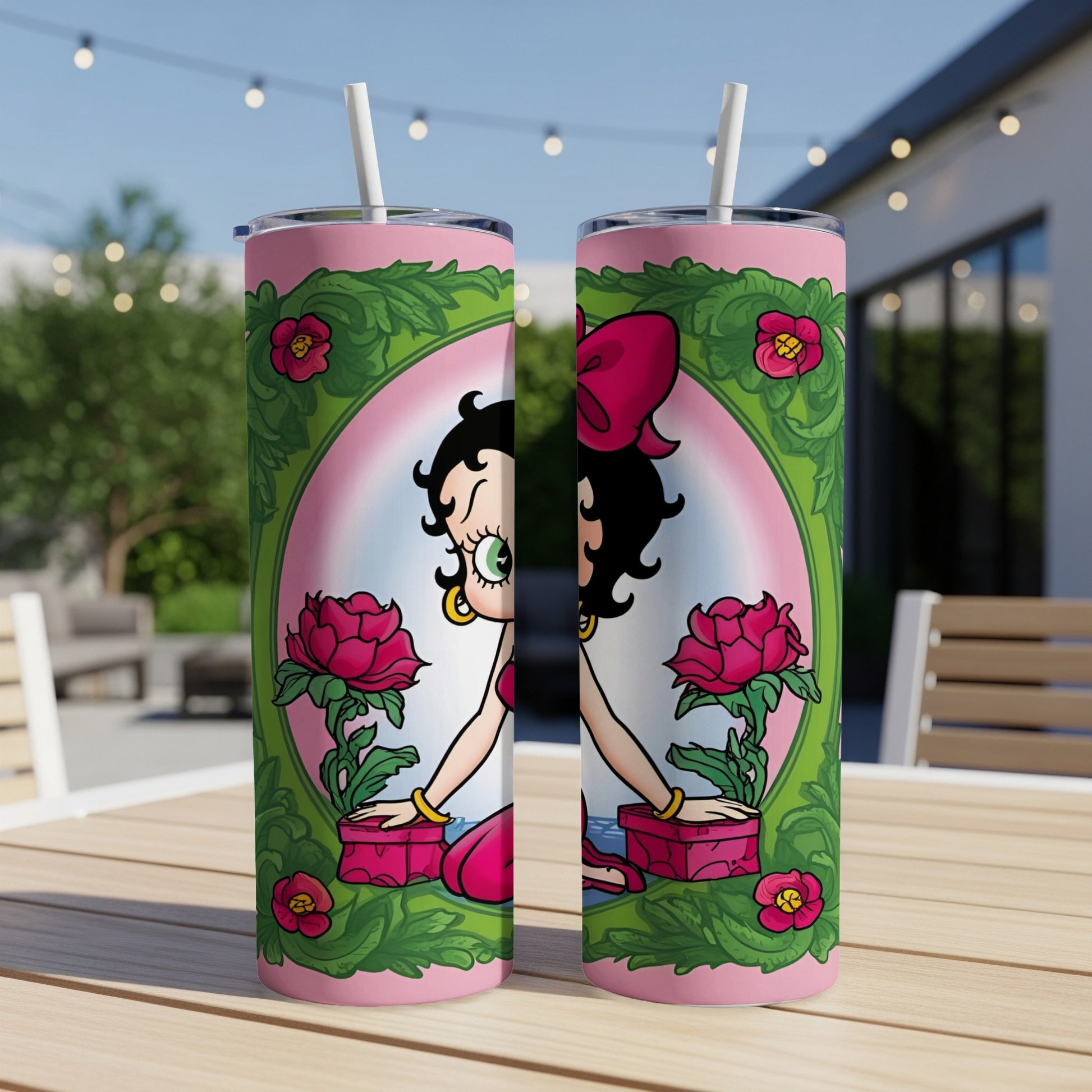 Betty Boop character illustration with flowers and pink ribbon on a tumbler.