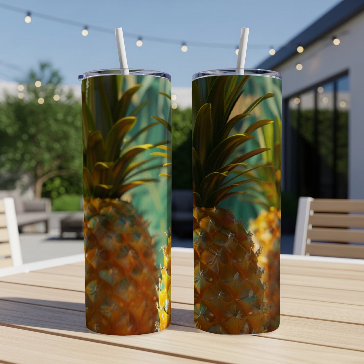 Two tumblers with a close-up pineapple pattern, on a table outdoors.