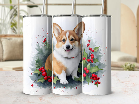 Three tumblers with a corgi and holly design.
