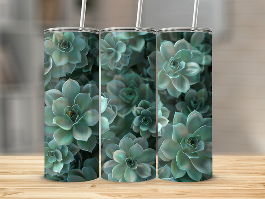Three tumblers with a close-up pattern of green succulent plants.