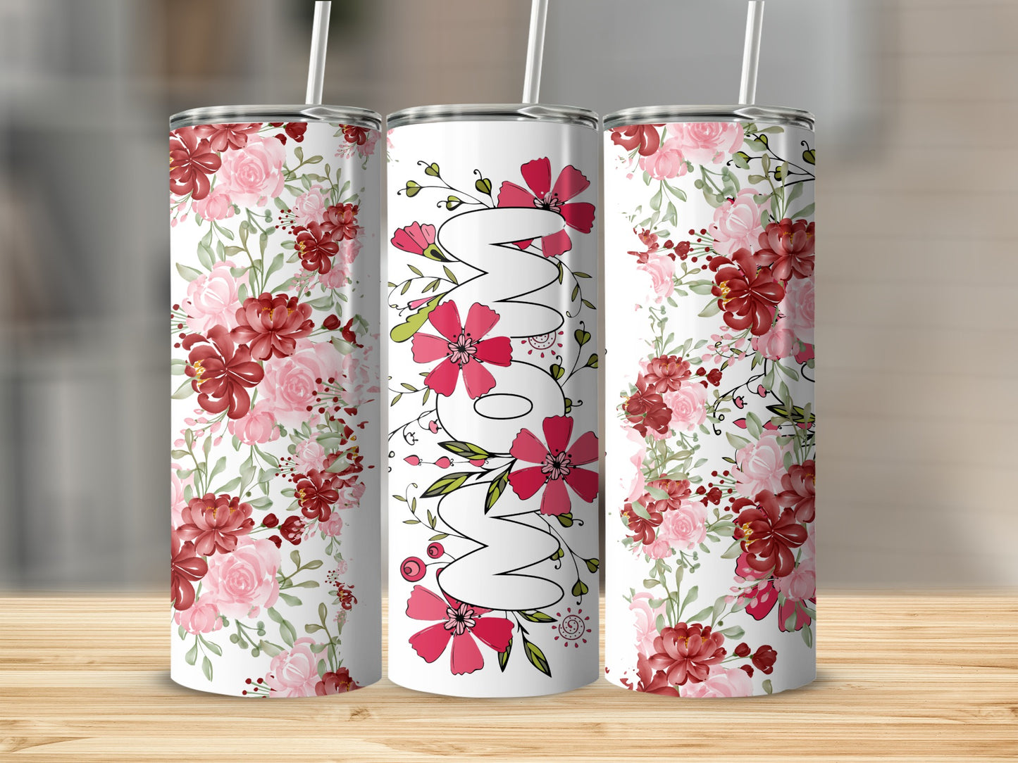 Floral Designed Tumbler with MOM Text in Pink and Red