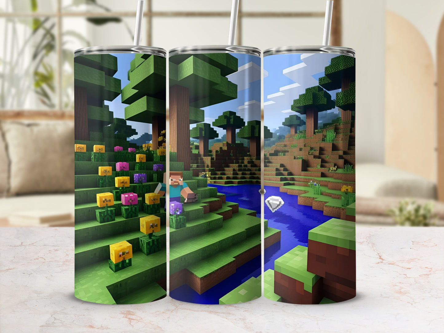 Minecraft-style tumbler with vibrant green trees and a blue river.