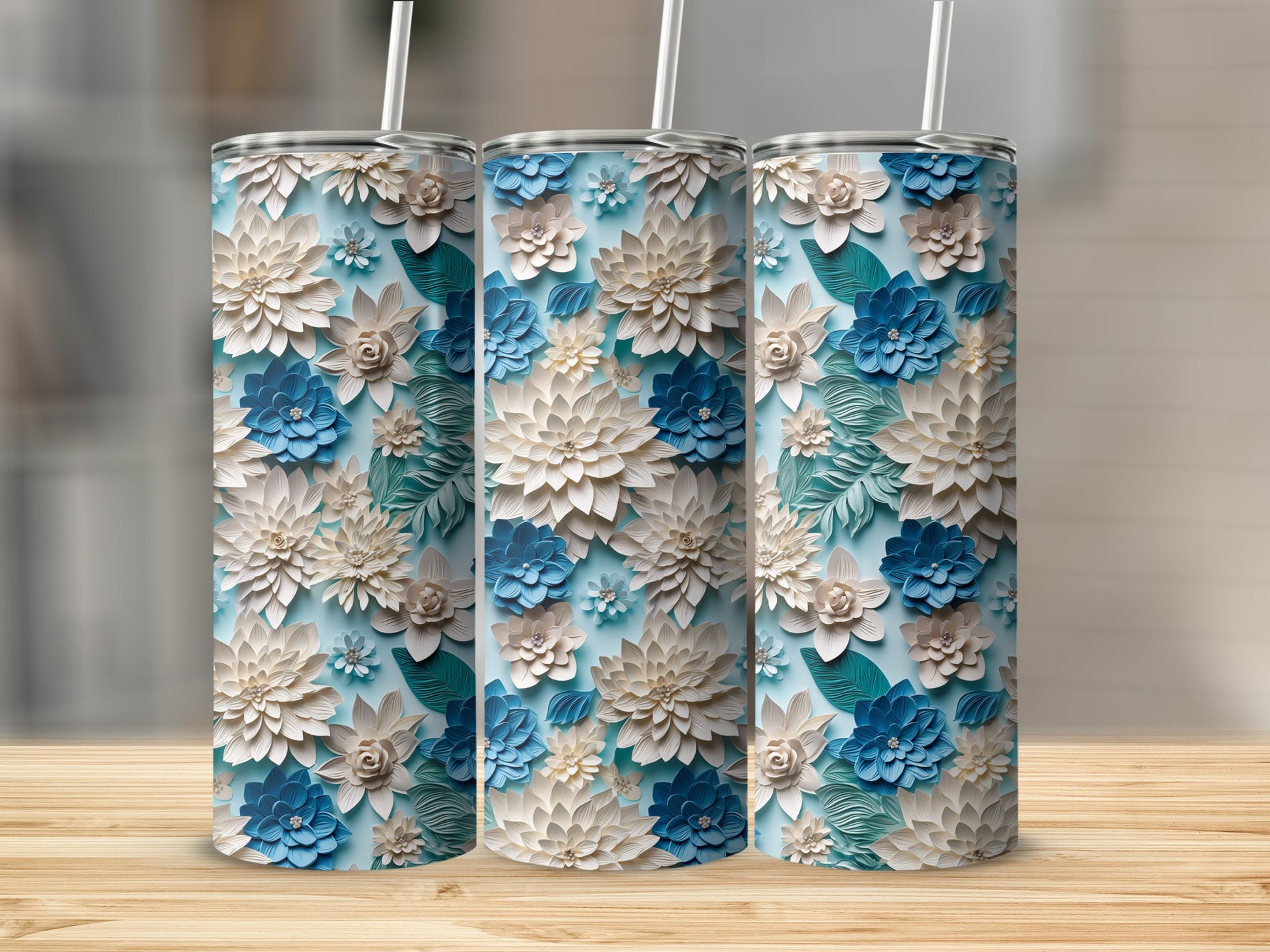 Floral Pattern on Blue Background Tumbler Cup