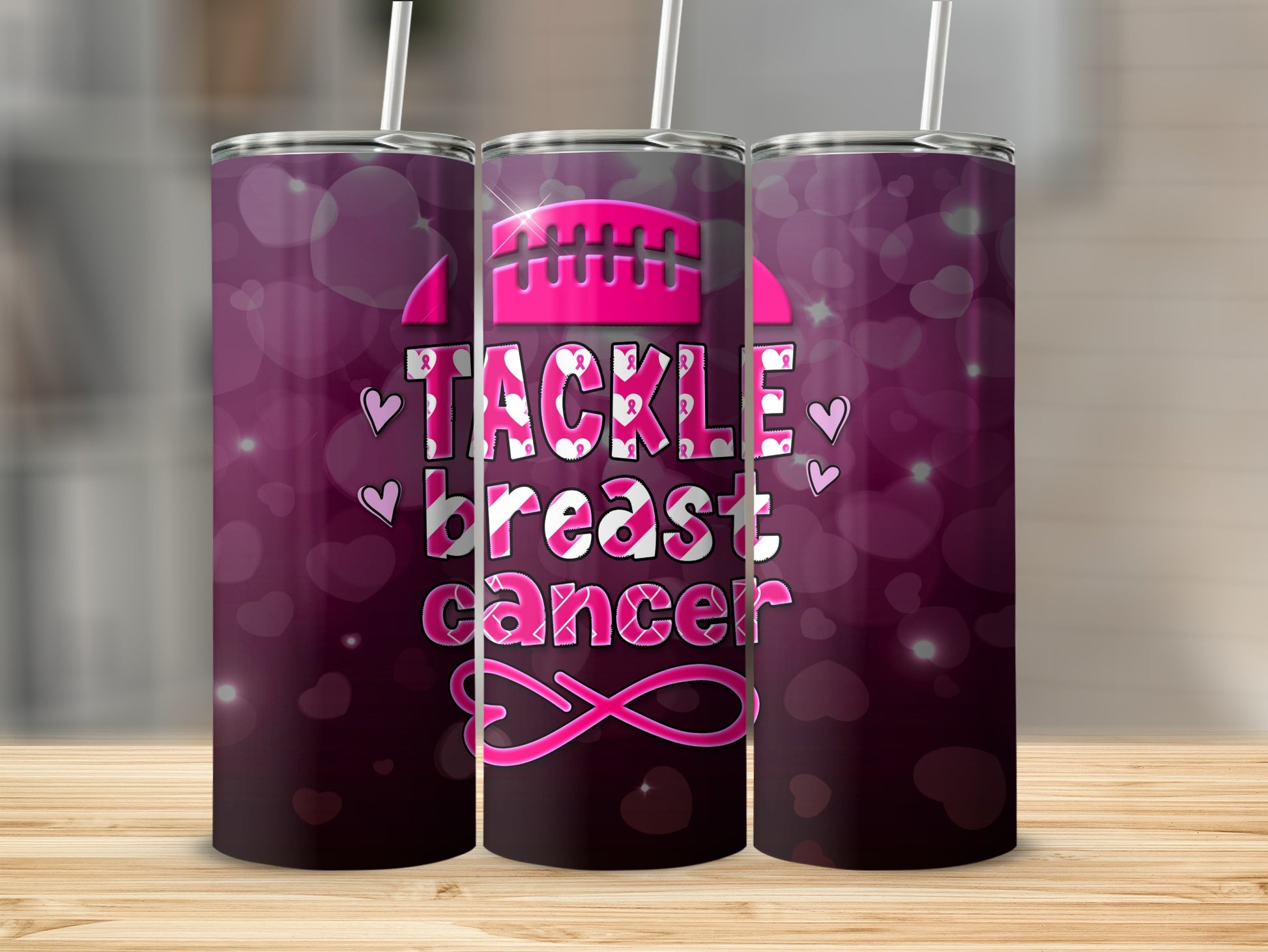 Tumbler with "Tackle Breast Cancer" in pink and purple, featuring a football and heart design.