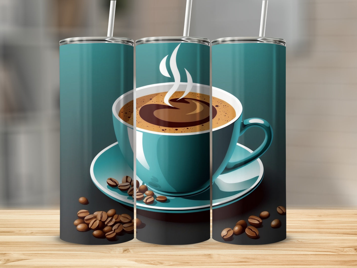 Teal coffee cup with steam and coffee beans on saucer.