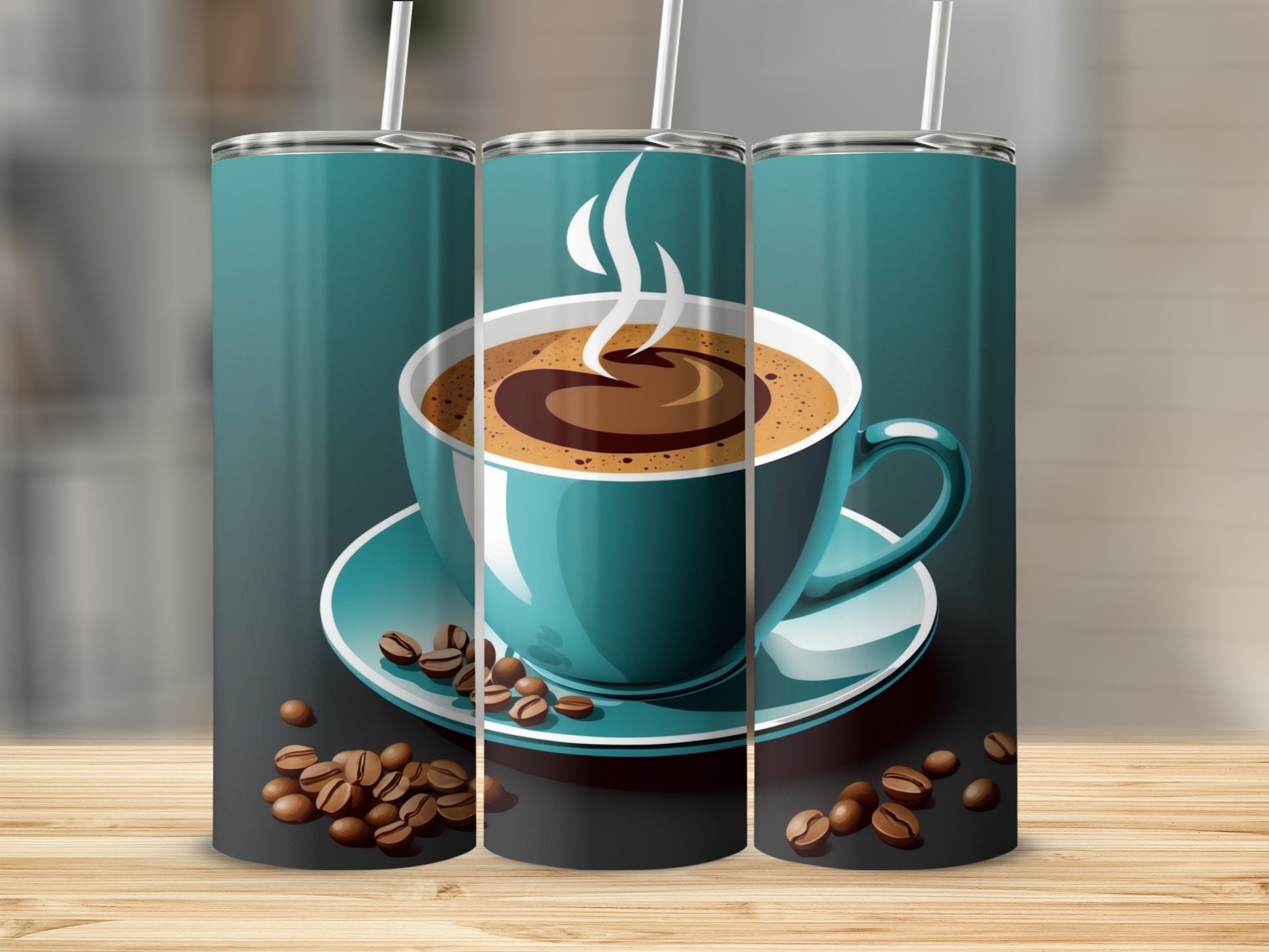 Teal coffee cup with steam and coffee beans on saucer.