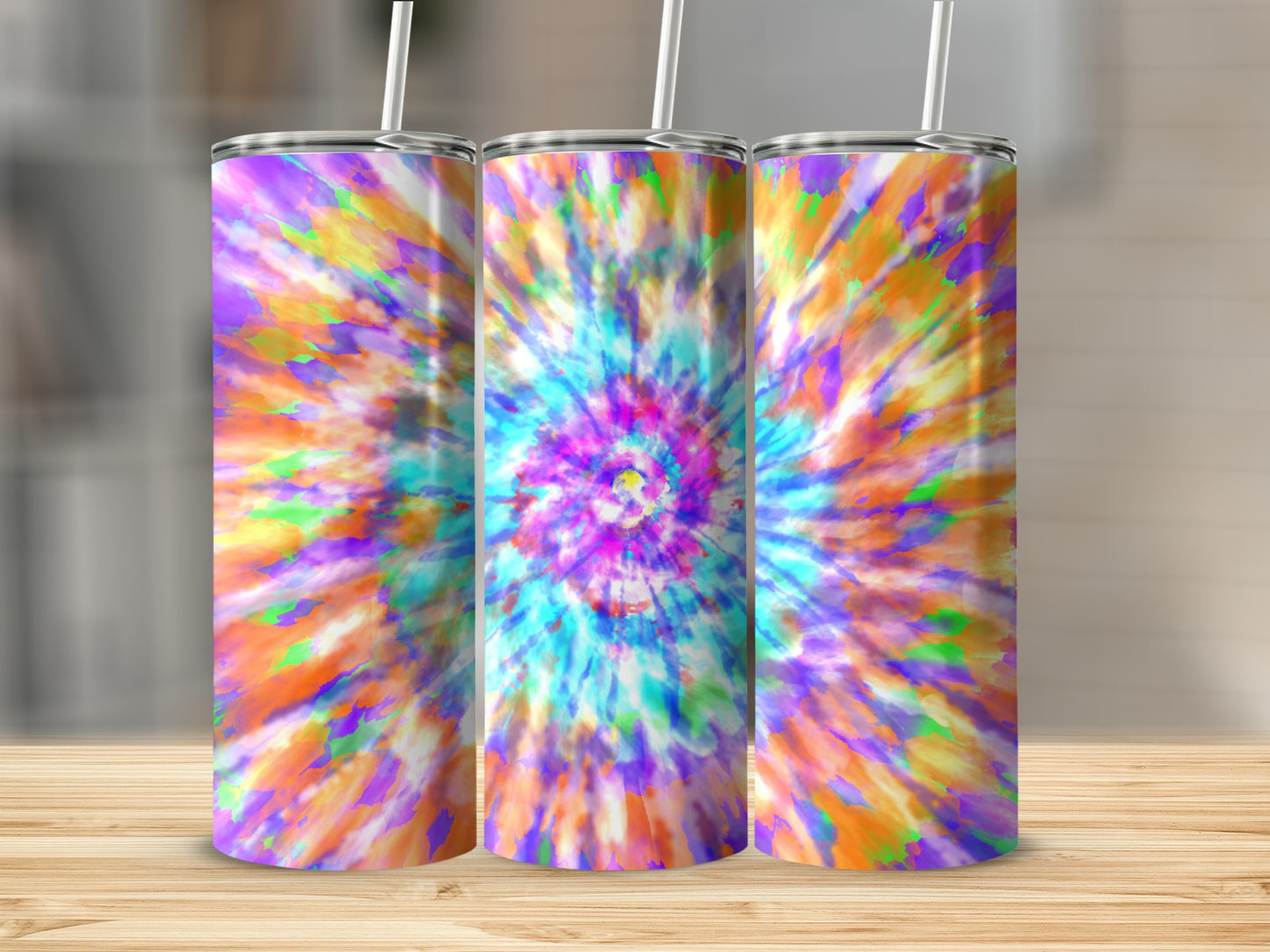 Three tumblers with a colorful tie-dye pattern of purple, blue, orange, and green.
