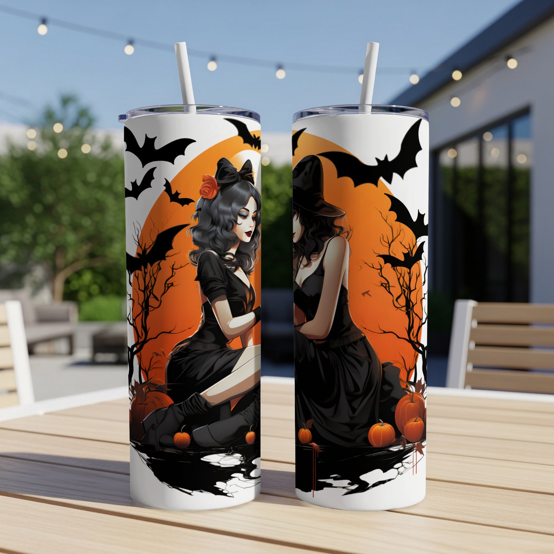 Halloween tumblers with witch graphics, bats, pumpkins, and orange moon background.