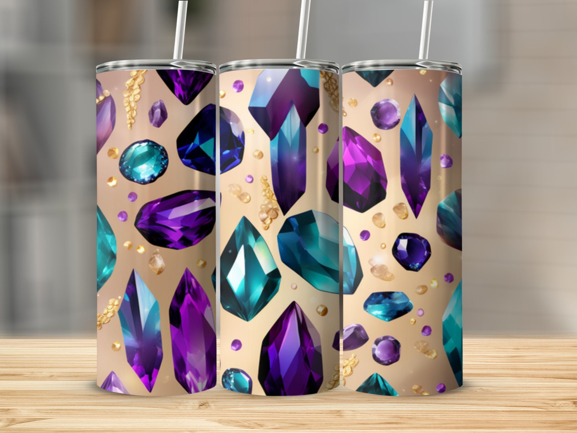 Three tumblers adorned with colorful gemstones and gold flecks.