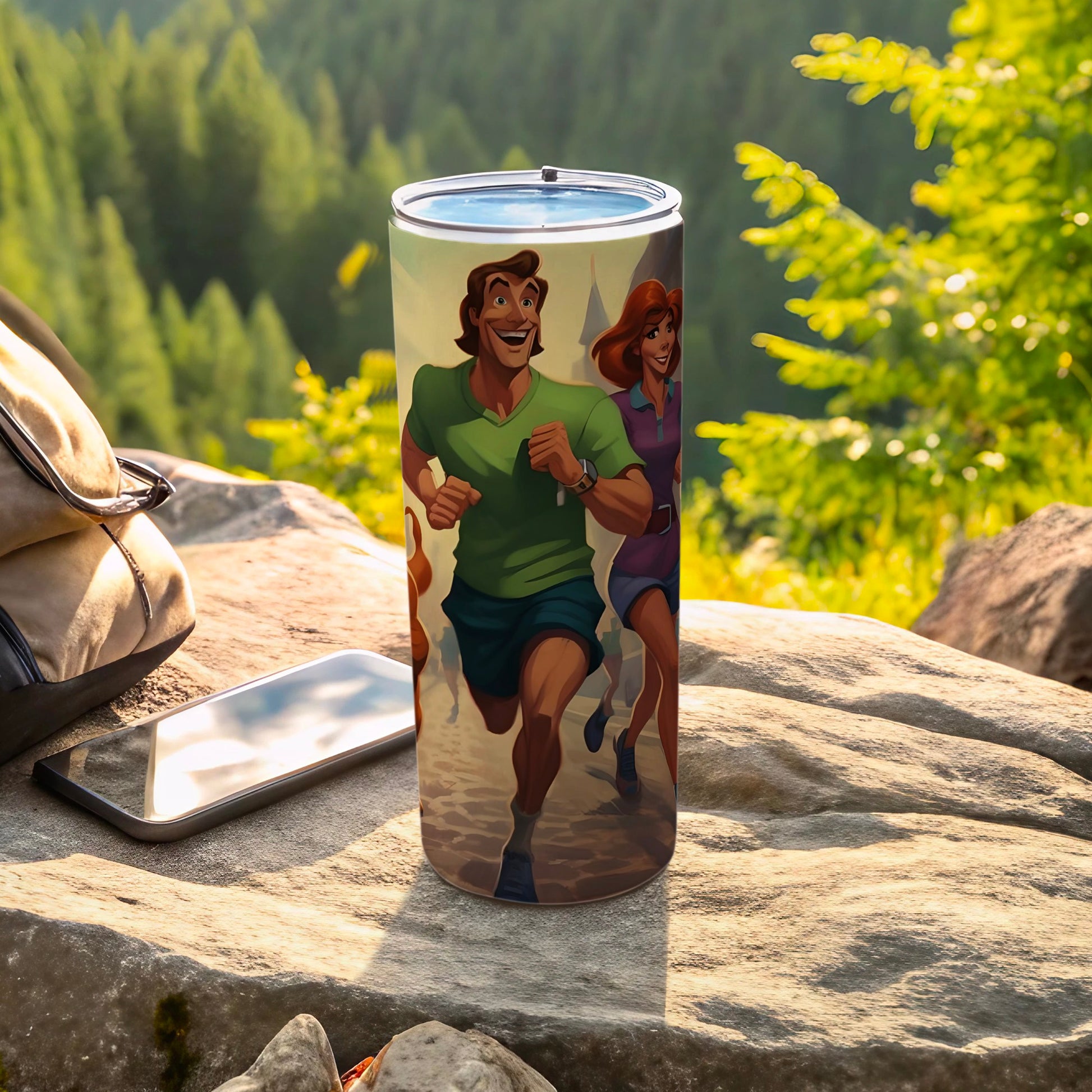 Green tumbler with cartoon couple running on a rocky outcrop.
