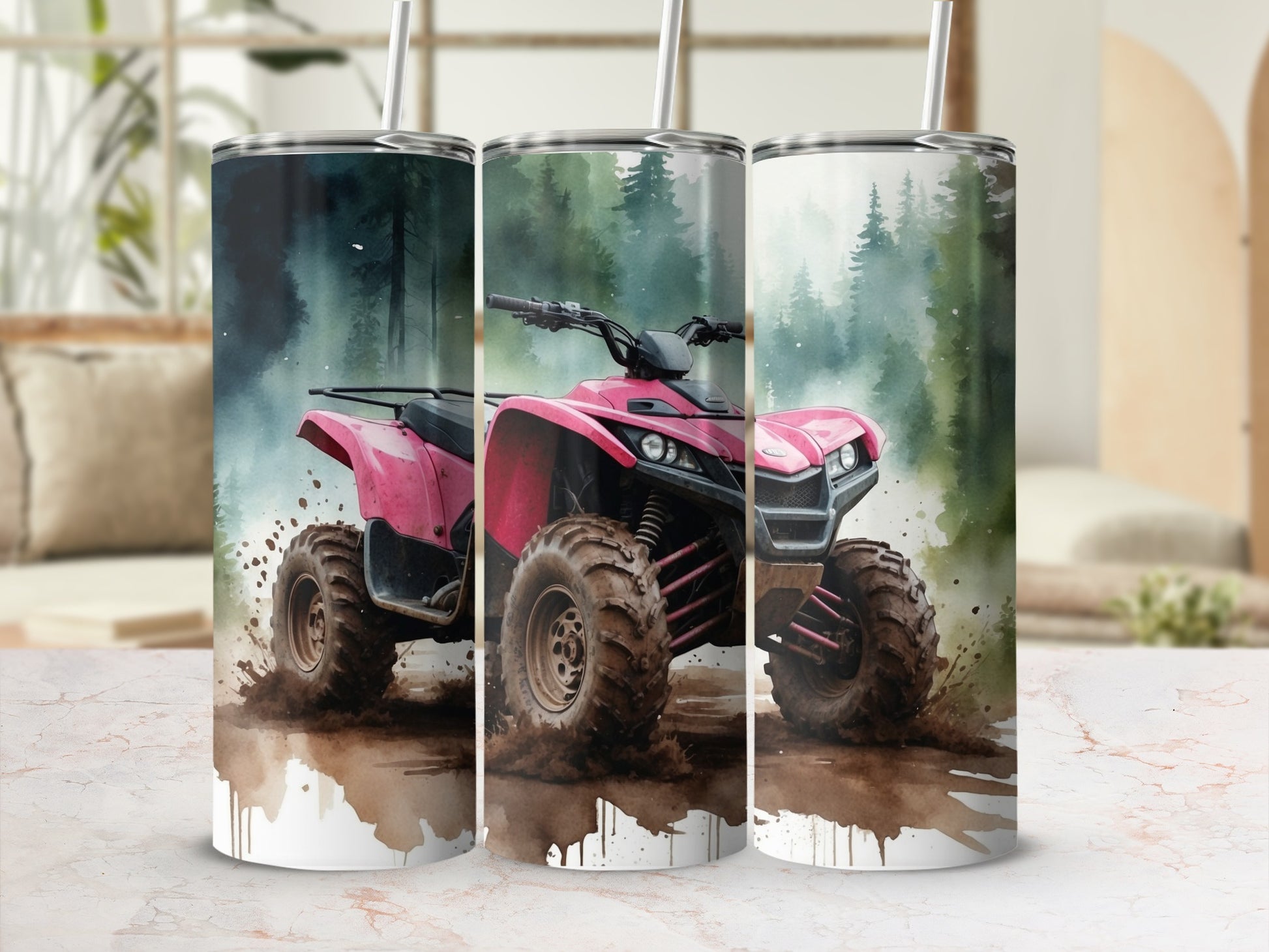 Pink ATV on muddy trail with forest background.