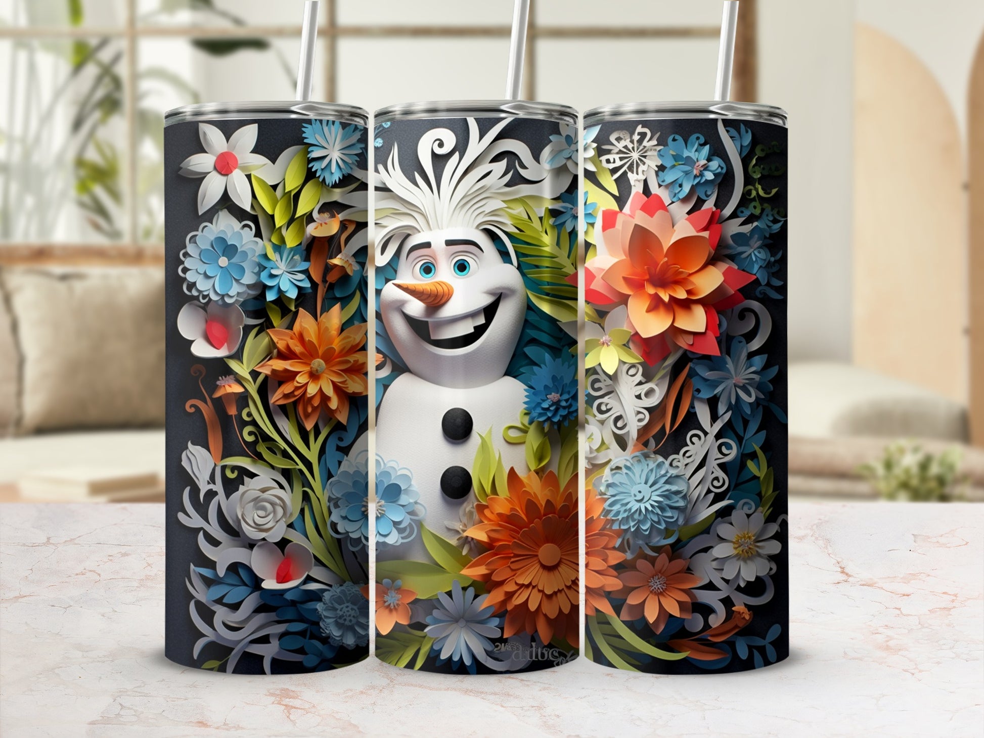 Floral and Snowman Art Full Wrap Tumbler Design