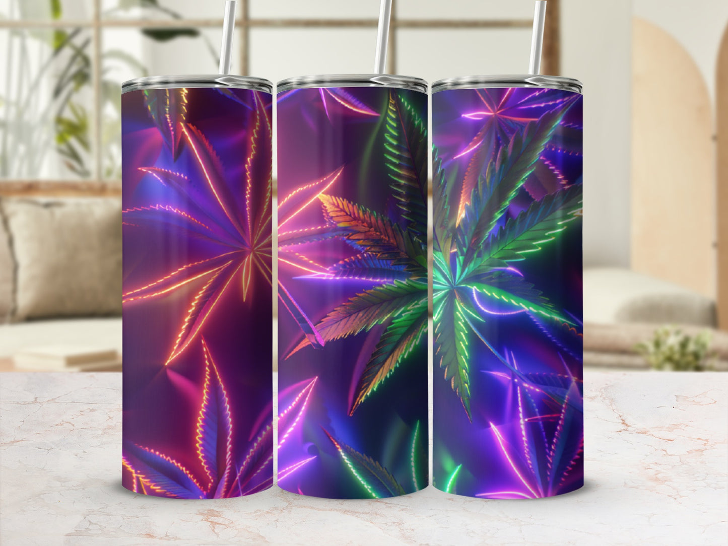 Three tumblers with neon cannabis leaf pattern against a blurred background.