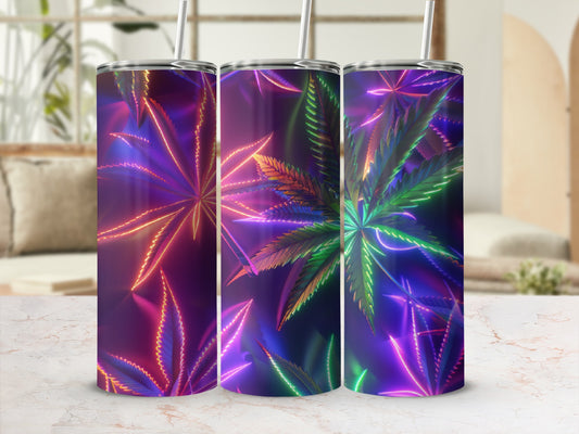 Three tumblers with neon cannabis leaf pattern against a blurred background.