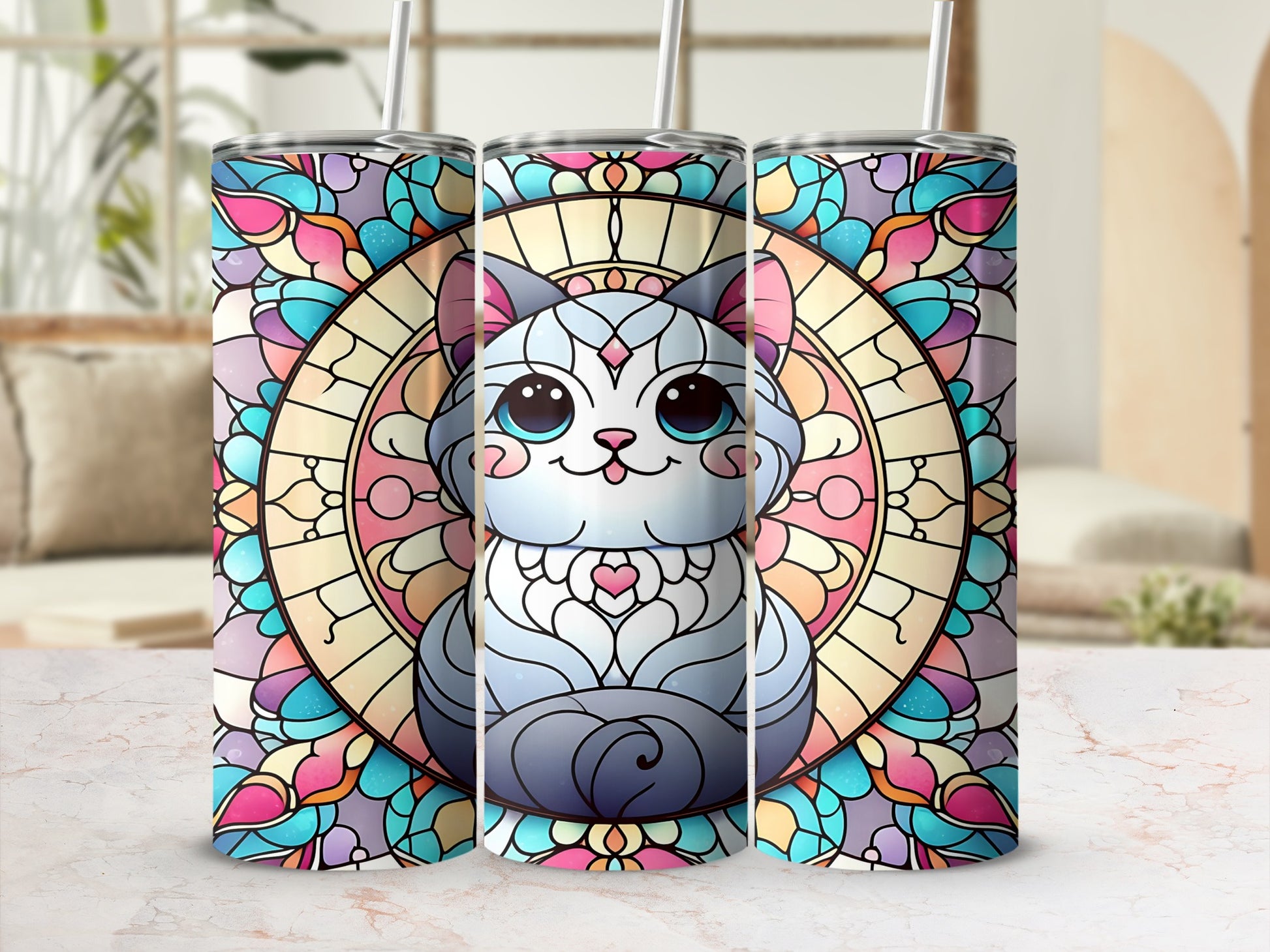 Stained glass style cat with colorful geometric patterns on a tumbler.