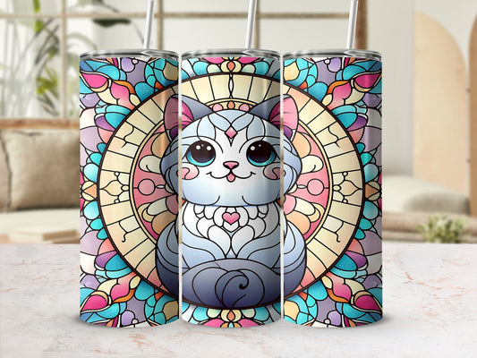 Stained glass style cat with colorful geometric patterns on a tumbler.