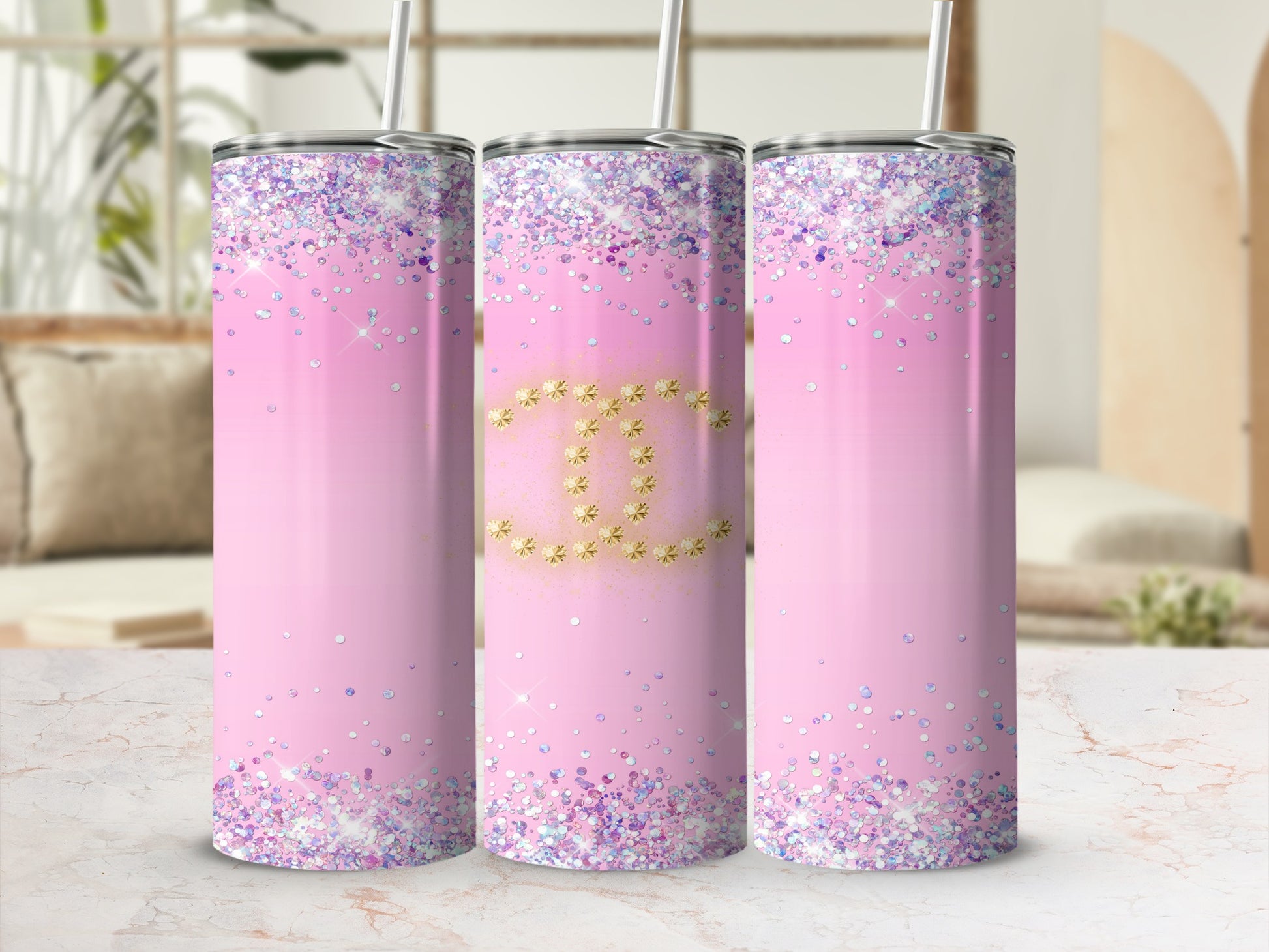 Glitter Pink and Gold Tumblers with Straw Tumbler